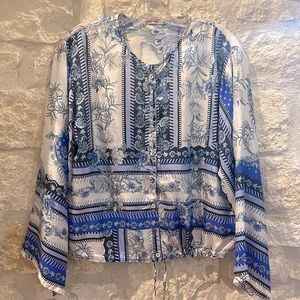 Johnny Was button up silk top or jacket with cinch up tie at the bottom